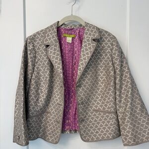Sigrid Olsen Silk Cotton Blazer Jacket 10 Grey Geo Print & Purple Floral Lining